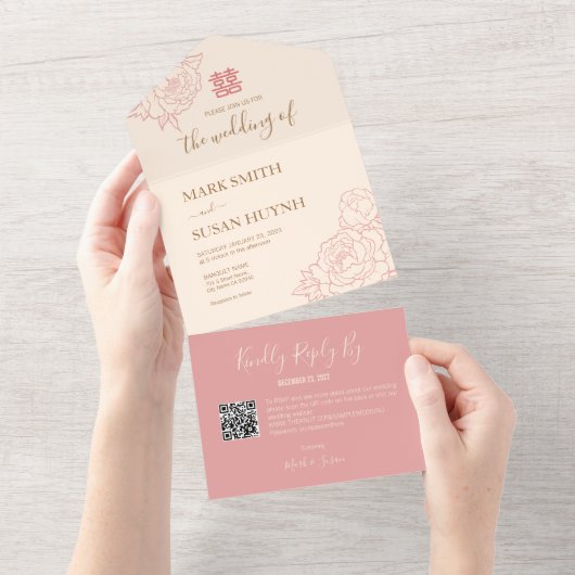 Chinese legante pony in één bruiloft all in one uitnodiging (Afscheurbaar)