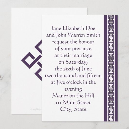 Chinese legantie in uitnodiging voor Paarse bruilo (Voorkant / Achterkant)