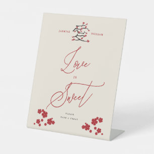 Chinese Liefde Rode Kersenbloesems Liefde Is Zoet Reclamebord Met Voetstuk