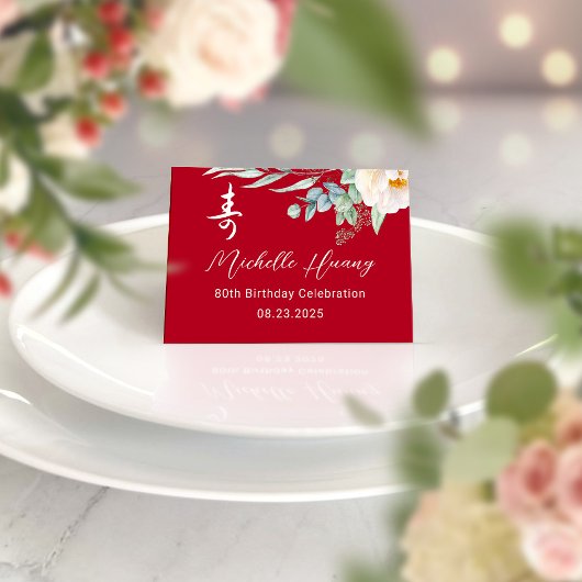 Chinese Longevity Peony Verjaardag Place Card Kaart