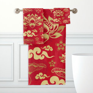 Chinese Lotus Bloem Oosters Aziatisch Patroon Tren Bad Handdoek