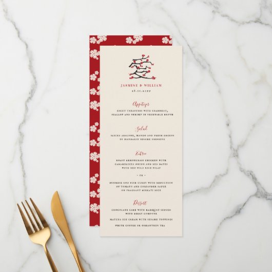 Chinese Love Red Cherry Blossom Engagement Party Menu (Voorkant / Achterkant in situ)