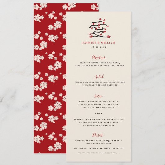 Chinese Love Red Cherry Blossom Engagement Party Menu (Voorkant / Achterkant)