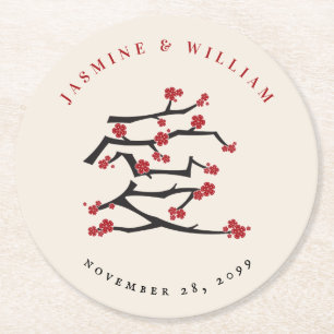Chinese Love Red Cherry Blossom Engagement Party Ronde Kartonnen Onderzetter