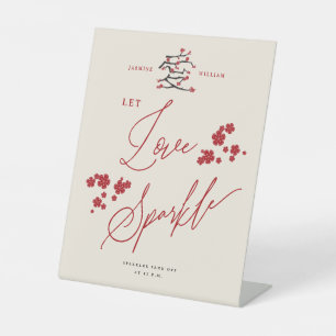 Chinese Love Red Cherry Blossom Let Love Sparkle Reclamebord Met Voetstuk