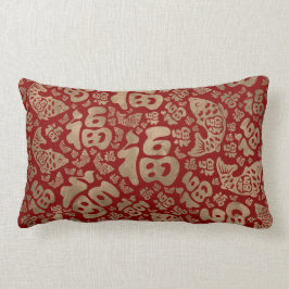 Chinese Lucky Symbols en Koi Fish - Red en Gold Kussen