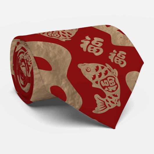 Chinese Lucky Symbols en Koi Fish - Red en Gold Stropdas (Opgerold)