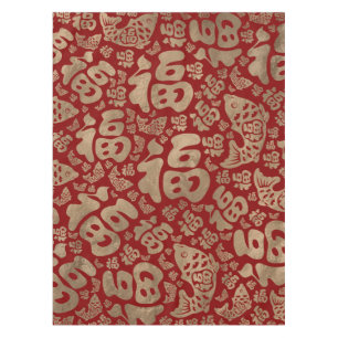 Chinese Lucky Symbols en Koi Fish - Red en Gold Tafelkleed