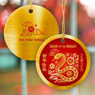 Chinese Maan Nieuwjaar Slang 2025 Gold Folie Rood Keramisch Ornament