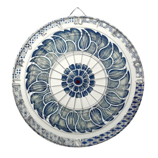 Chinese Medaillon: Indigo Blau Chinoiserie Dartbord (Voorkant)