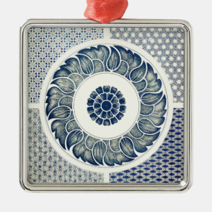Chinese Medaillon: Indigo Blau Chinoiserie Metalen Ornament