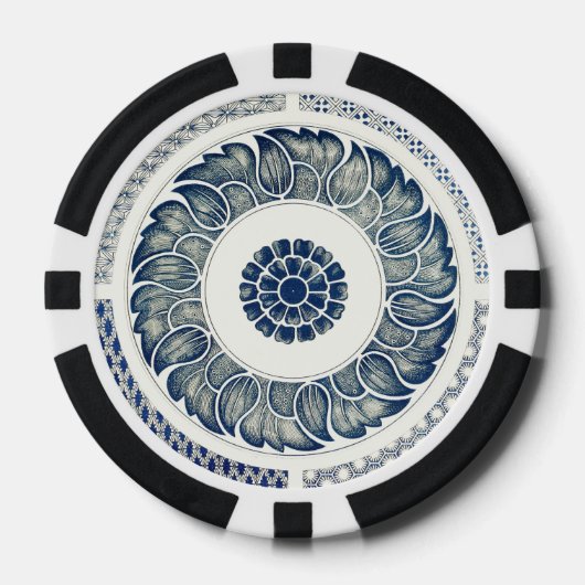 Chinese Medaillon: Indigo Blau Chinoiserie Poker Chips (Voorkant)