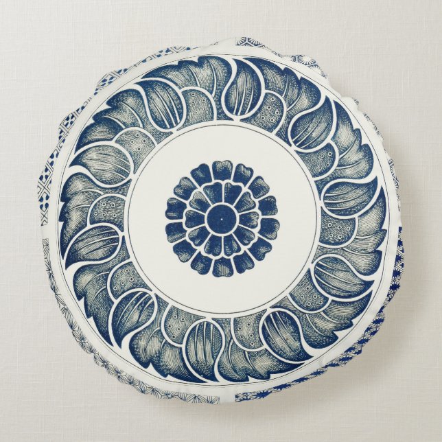 Chinese Medaillon: Indigo Blau Chinoiserie Rond Kussen (Achterkant)