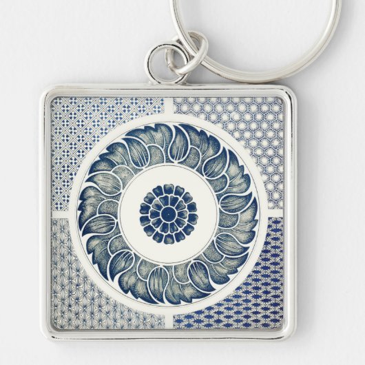 Chinese Medaillon: Indigo Blau Chinoiserie Sleutelhanger (Voorkant)