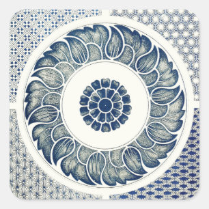 Chinese Medaillon: Indigo Blau Chinoiserie Vierkante Sticker
