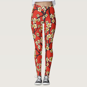 Chinese Meihua Witte Pruimenbloesem Robijnrood Pat Leggings