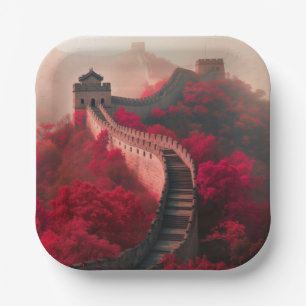 Chinese Muur in het najaar - Schilderachtig rood Papieren Bordje