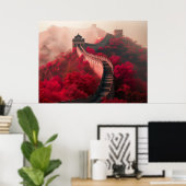 Chinese Muur in het najaar - Schilderachtig rood Poster (Thuiskantoor)