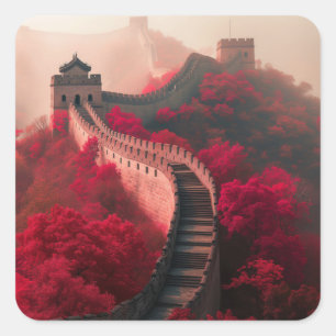 Chinese Muur in het najaar - Schilderachtig rood Vierkante Sticker