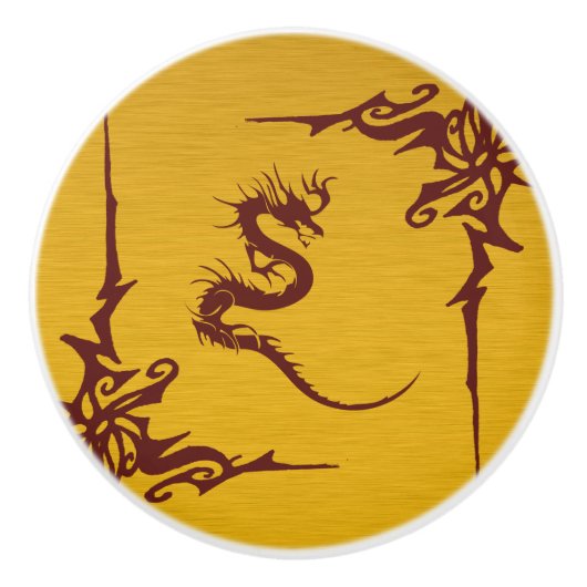 Chinese Mythologie Dragon, Swirls - Gold Red Keramische Knop (Voorkant)