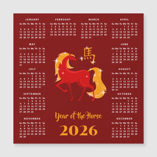 Chinese New Lunar Year Horse 2026 Calendar Magnet (Voorkant)