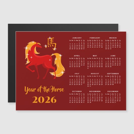 Chinese New Lunar Year Horse 2026 Calendar Magnet (Voorkant / Achterkant)