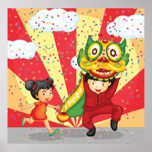 Chinese New Year Kids Lion Dance and Lantern Poster (Voorkant)