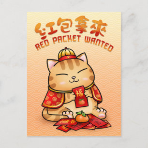 Chinese Nieuwjaars Rode Envelope Kat Feestdagenkaart