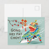 Chinese nieuwjaarsblauw leeuwen danser briefkaart (Voorkant / Achterkant)