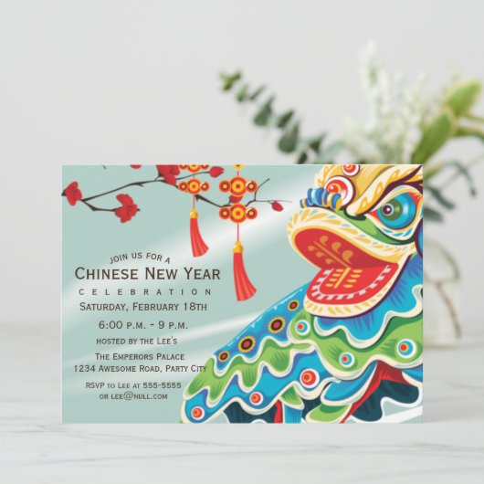 Chinese nieuwjaarsblauw leeuwen danser kaart (Staand voorkant)