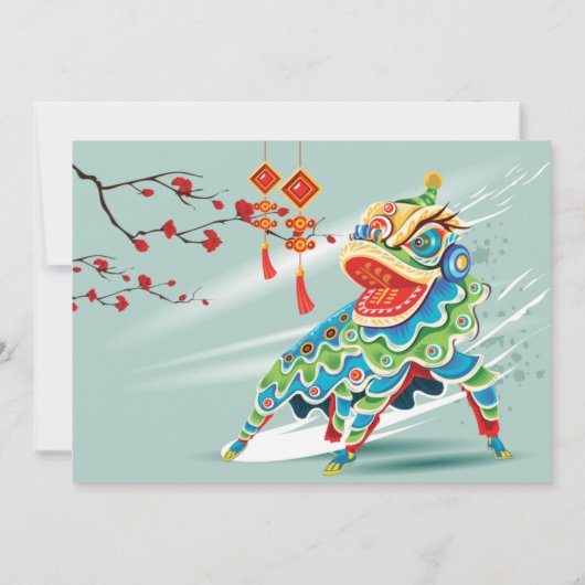 Chinese nieuwjaarsblauw leeuwen danser kaart (Achterkant)