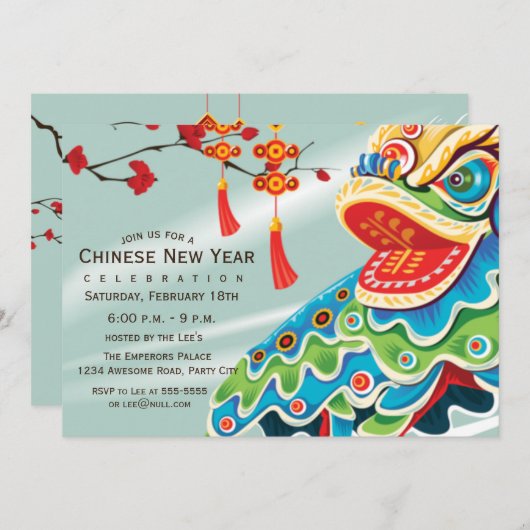 Chinese nieuwjaarsblauw leeuwen danser kaart (Voorkant / Achterkant)