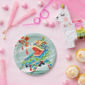 Chinese nieuwjaarsblauw leeuwen danser papieren bordje (Feest)