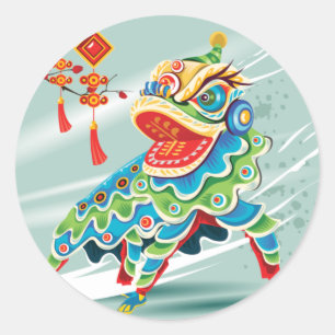 Chinese nieuwjaarsblauw leeuwen danser ronde sticker