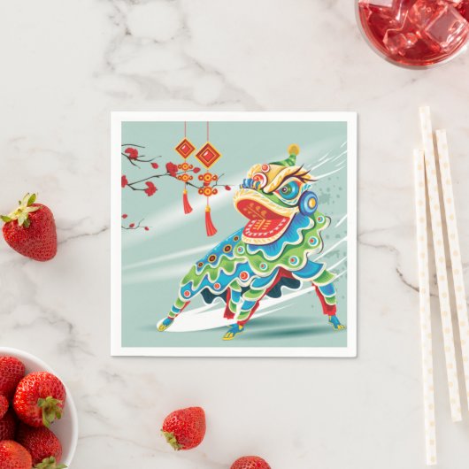 Chinese nieuwjaarsblauw leeuwen danser servet (Insitu)