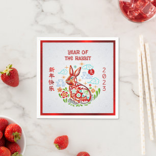 Chinese nieuwjaarskonijn Papercut 2023 Rode Folie Servet