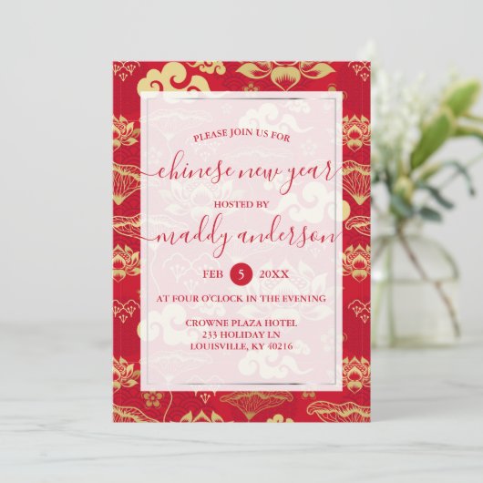 Chinese nieuwjaarspartij Red Gold Lotus Floral Kaart (Staand voorkant)