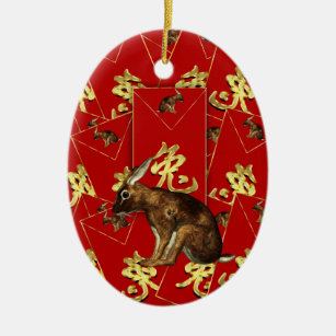 Chinese nieuwjaarssieraad - jaar konijn / haas keramisch ornament