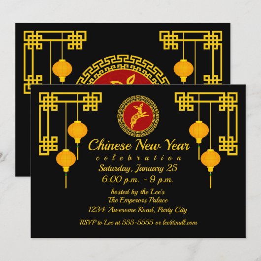 Chinese nieuwjaarsuitnodiging voor konijnenversier kaart (Voorkant / Achterkant)