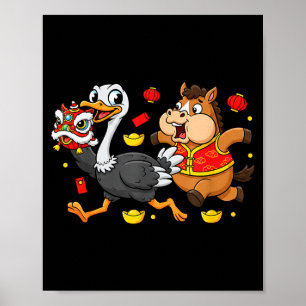 Chinese Paard Struisvogel Grappige Kinderen Mannen Poster