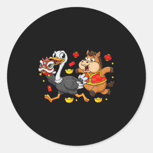 Chinese Paard Struisvogel Grappige Kinderen Mannen Ronde Sticker