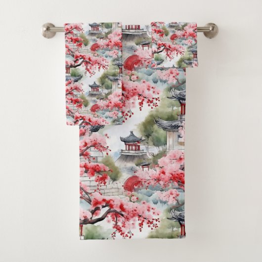 Chinese Pagoda Waterverf Patroon Bad Handdoek (Insitu)