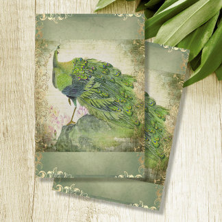 Chinese Peacock Feather Green in Gold Decoupage Tissuepapier