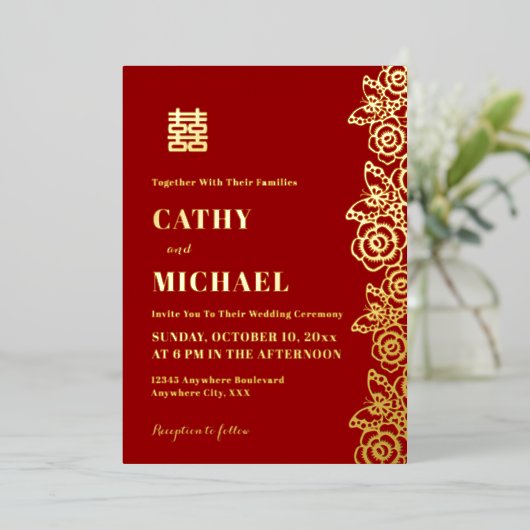 Chinese pioen bloem vlinder bruiloft papercut folie uitnodiging (Staand Voorkant)
