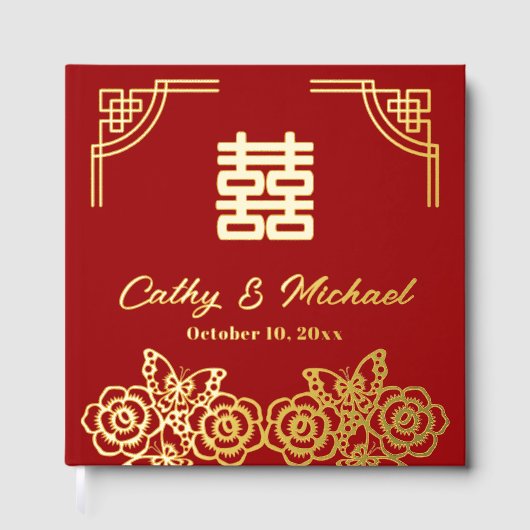 Chinese pioen bloem vlinder bruiloft papercut gastenboek (Voorkant)