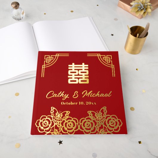 Chinese pioen bloem vlinder bruiloft papercut gastenboek (Voorkant open)