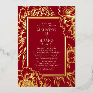 Chinese Pioenrozen Huwelijk Folie Uitnodiging