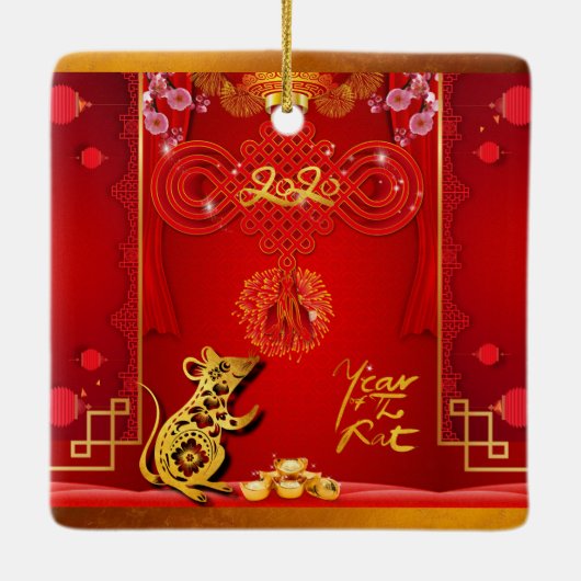 Chinese Red Knot Rat Year 2020 Square CO Keramisch Ornament (Achterkant)