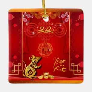 Chinese Red Knot Rat Year 2020 Square CO Keramisch Ornament