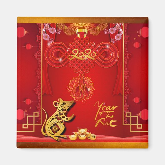 Chinese Red Knot Rat Year 2020 Square Magnet (Voorkant)